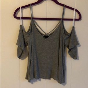 Light grey, crop off the shoulder, spaghetti tee